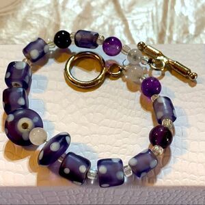 Quartz Crystal, Amethyst & Murano Glass Purple Polka Dot Bracelet 8”